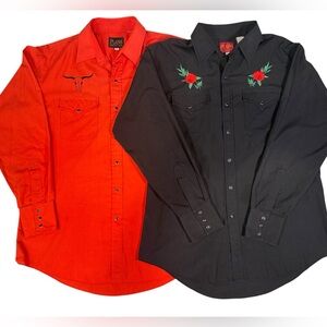 Lot Plains Western Embroidered Red and Black Men's Shirts Rose & Bull Skull VTG